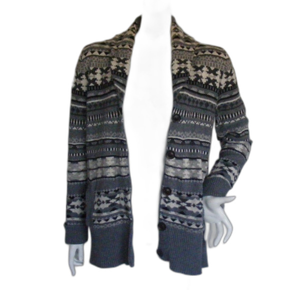 EDDIE BAUER Cardigan Sweater, M, Aztek, Stripe, Gray/White, Pockets, Washable - Picture 8 of 12